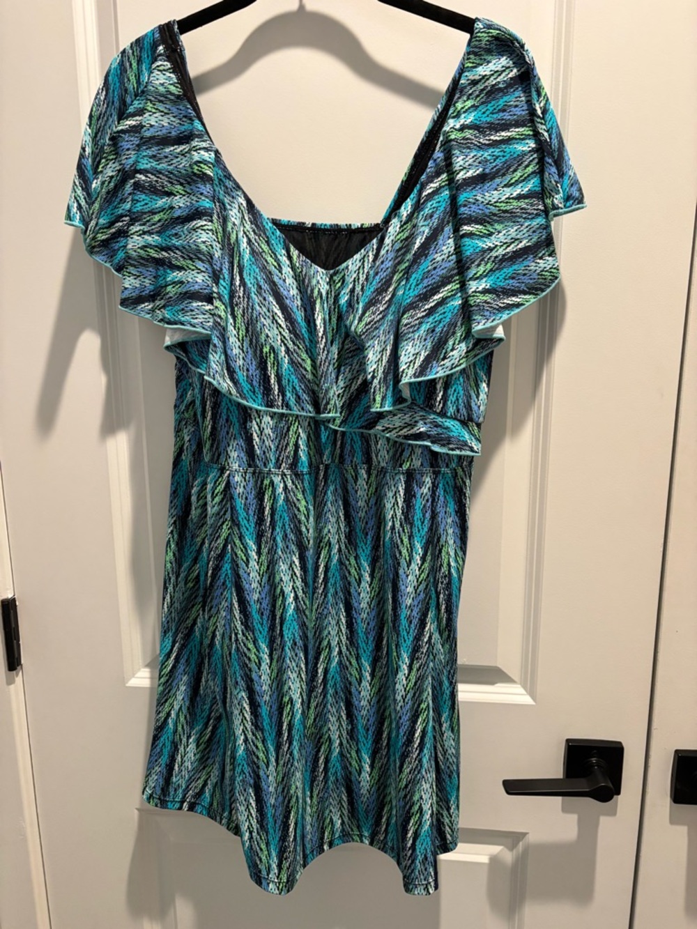 Ruffled V-Neck Swim Dress in Teal & Black Print